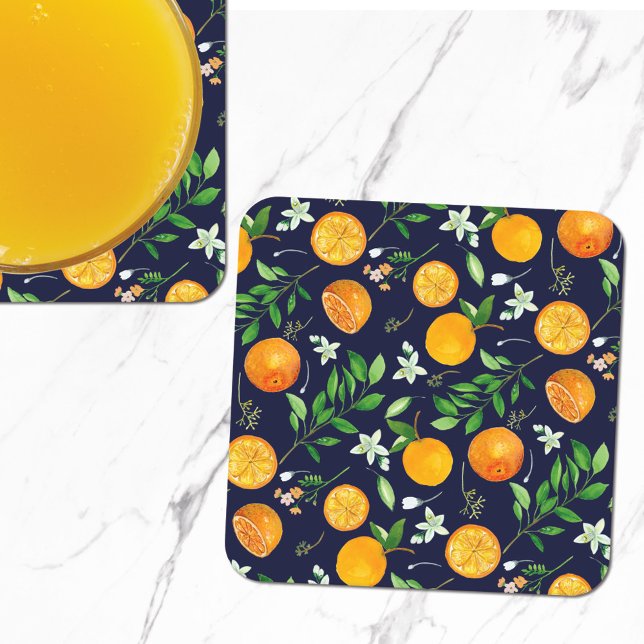 Orange Citrus Summer Floral Botanical Pattern Square Paper Coaster (In situ)