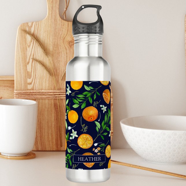 Orange Citrus Summer Floral Botanical Pattern Stainless Steel Water Bottle (In situ)