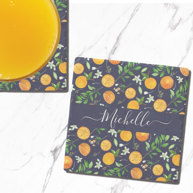 Orange Citrus Summer Floral Botanical Pattern Stone Coaster (In situ)