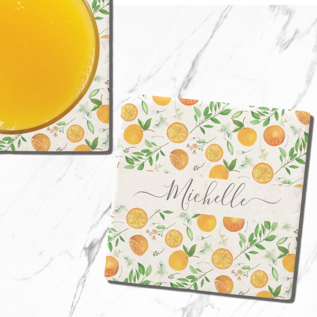 Orange Citrus Summer Floral Botanical Pattern Stone Coaster (In situ)