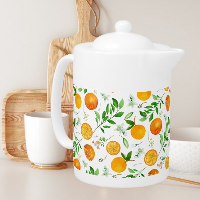 Orange Citrus Summer Floral Botanical Pattern Teapot (In situ)