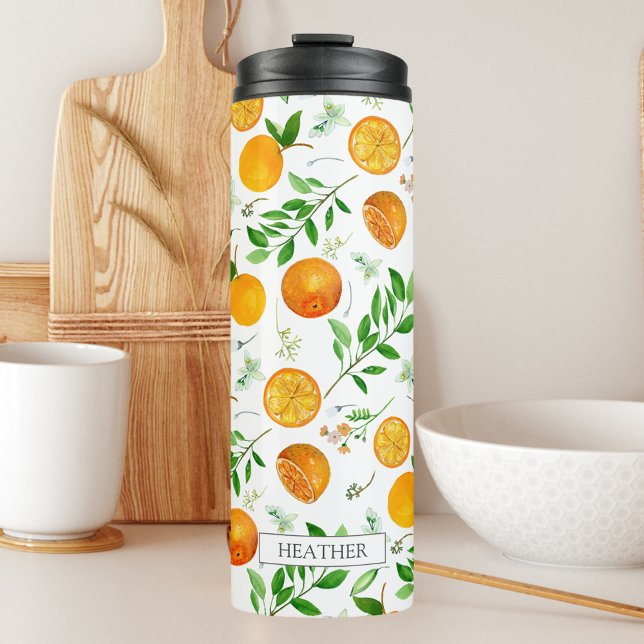 Orange Citrus Summer Floral Botanical Pattern Thermal Tumbler (In situ)