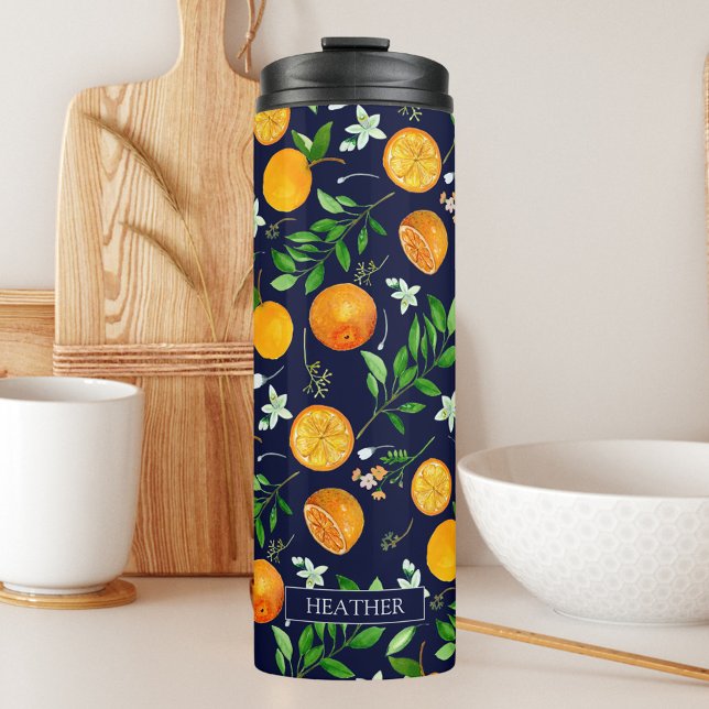 Orange Citrus Summer Floral Botanical Pattern Thermal Tumbler (In situ)