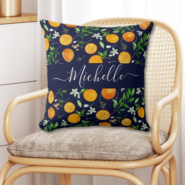 Orange Citrus Summer Floral Botanical Pattern Throw Pillow (In situ)