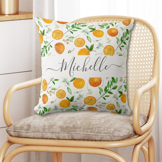 Orange Citrus Summer Floral Botanical Pattern Throw Pillow (In situ)