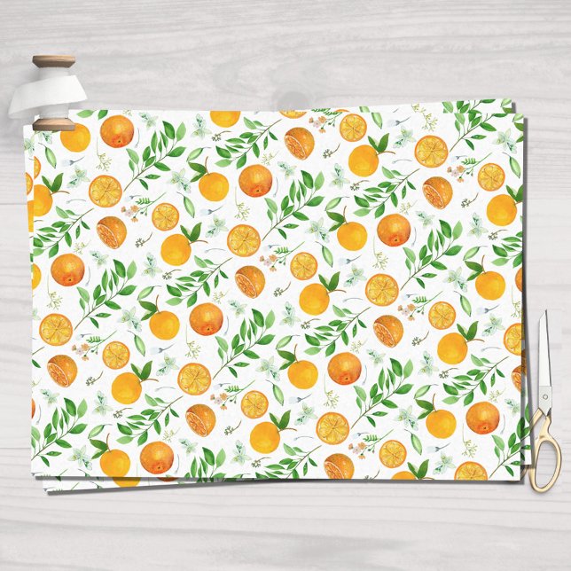 Orange Citrus Summer Floral Botanical Pattern Tissue Paper (In situ)