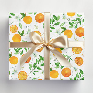 Orange Citrus Summer Floral Botanical Pattern Wrapping Paper Sheets