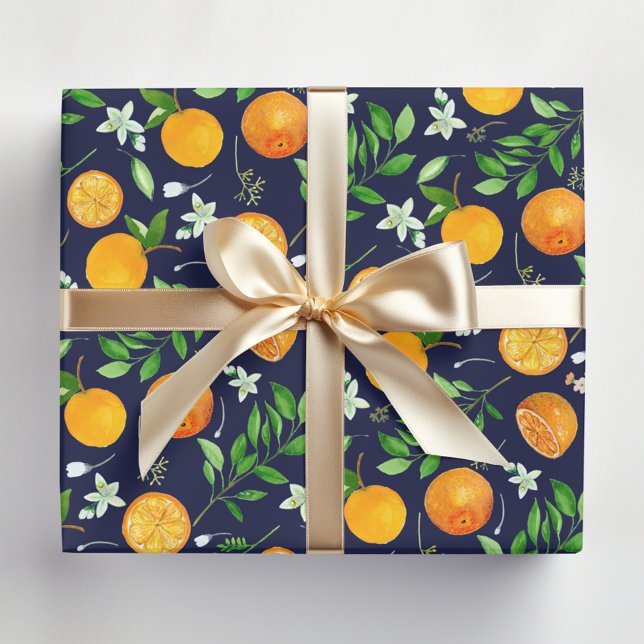 Orange Citrus Summer Floral Botanical Pattern Wrapping Paper Sheets (In situ)