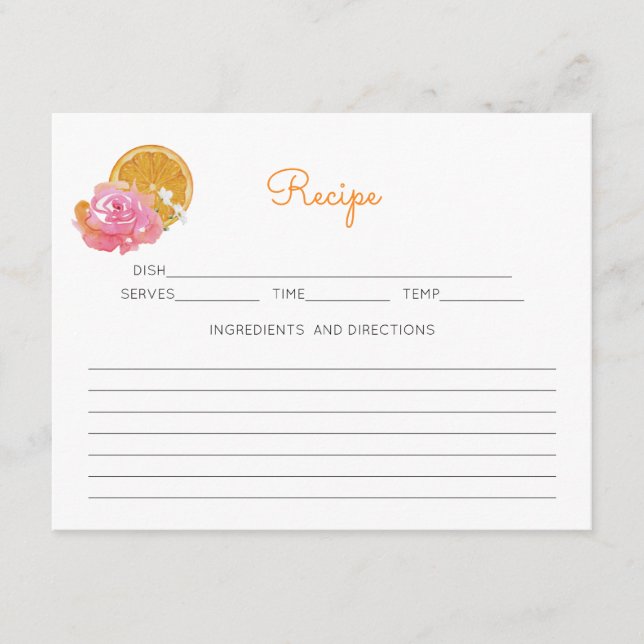 Orange Citrus Theme Pink Floral Recipe  Enclosure Card (Front)