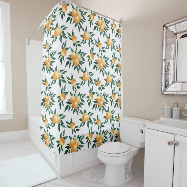 Orange Citrus Tropical Botanical Pattern Shower Curtain (In Situ)