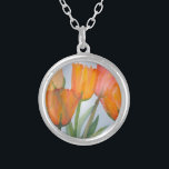 Orange Citrus Tulips Silver Plated Necklace<br><div class="desc">watercolor painting of transparent citrus orange tulips</div>
