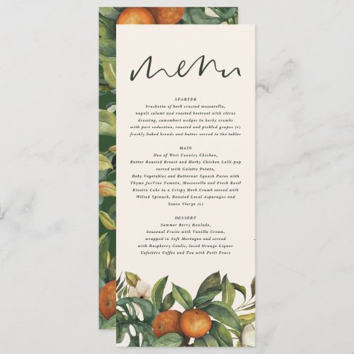 Orange citrus watercolor botanical floral wedding menu