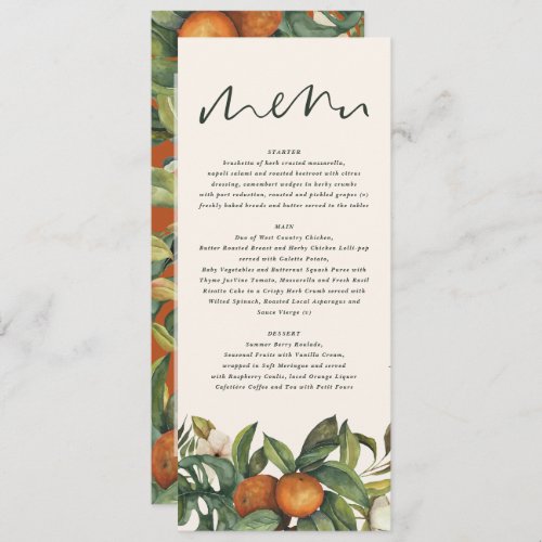 Orange citrus watercolor botanical floral wedding menu
