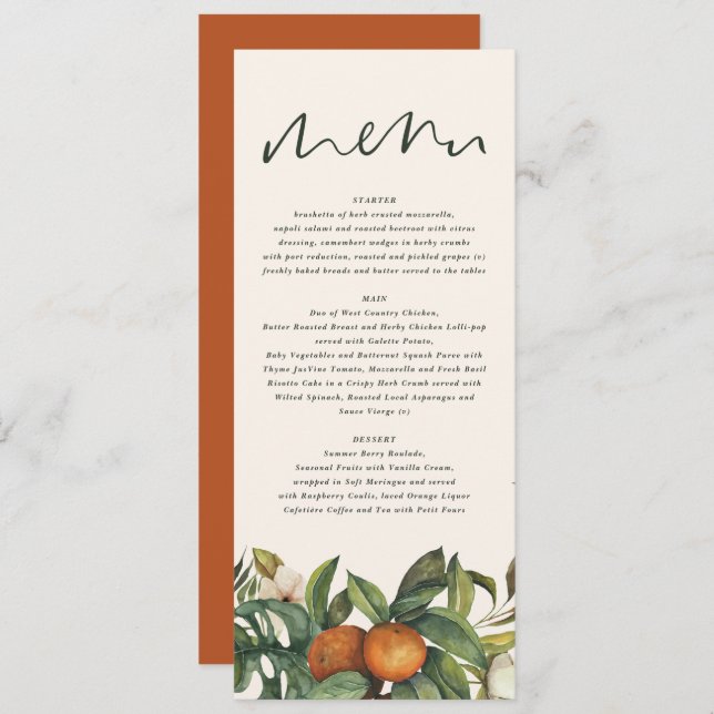 Orange citrus watercolor botanical floral wedding menu (Front/Back)