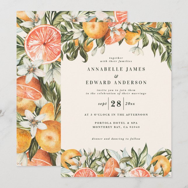 Orange citrus watercolor botanical modern wedding (Front/Back)