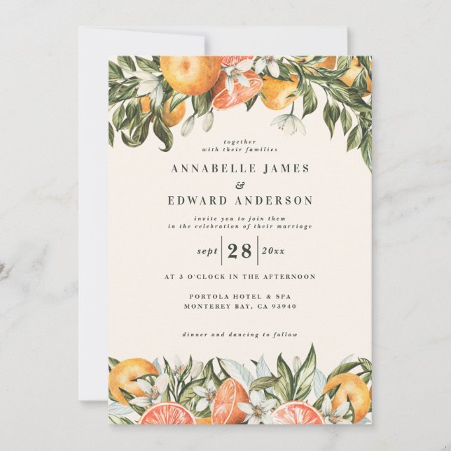 Orange citrus watercolor botanical modern wedding invitation (Front)