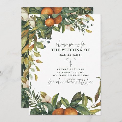 Orange citrus watercolor botanical wedding save the date