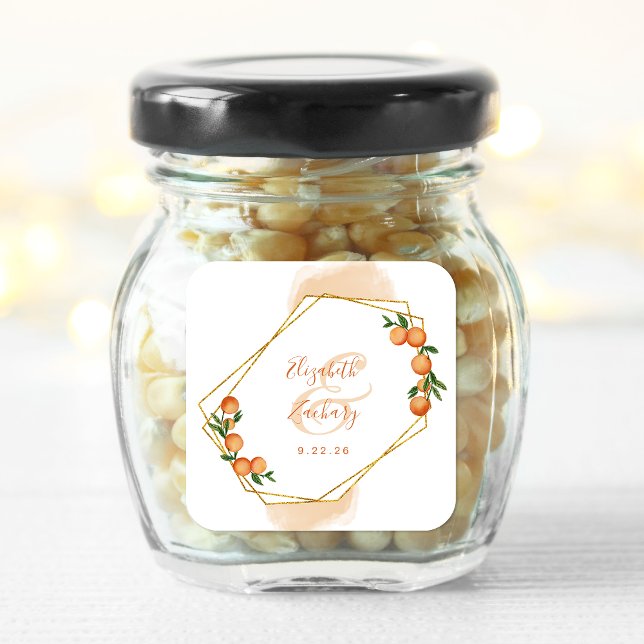 Orange Citrus Watercolor Gold Geometric Wedding Square Sticker (Creator Uploaded)