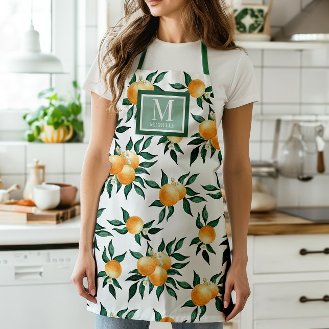 Orange Citrus Watercolor Monogram Name Apron (Creator Uploaded)