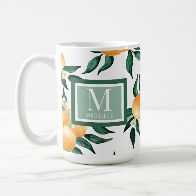 Orange Citrus Watercolor Monogram Name Coffee Mug (Left)