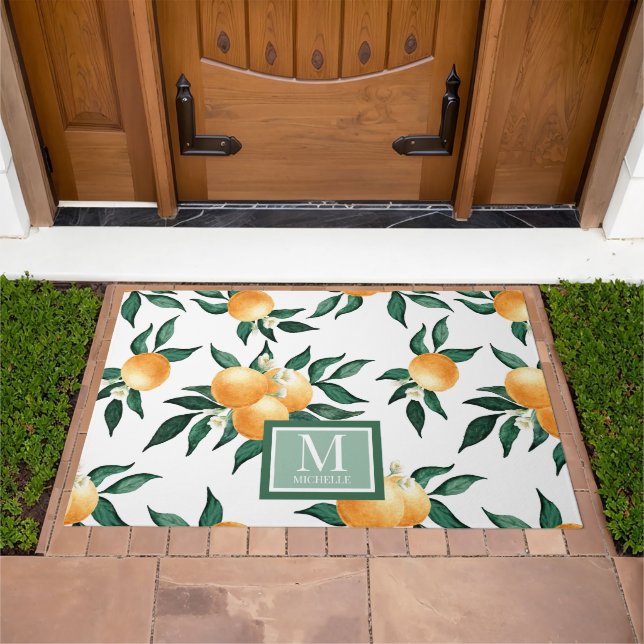 Orange Citrus Watercolor Monogram Name Doormat (Outdoor)