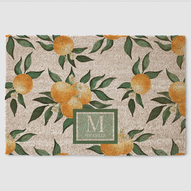 Orange Citrus Watercolor Monogram Name Fiber Doormat (Front)