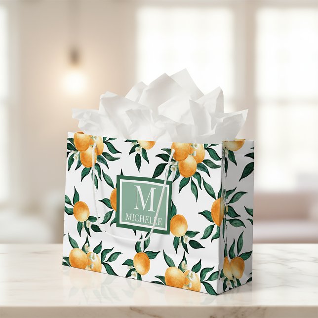 Orange Citrus Watercolor Monogram Name Large Gift Bag (Creator Uploaded)