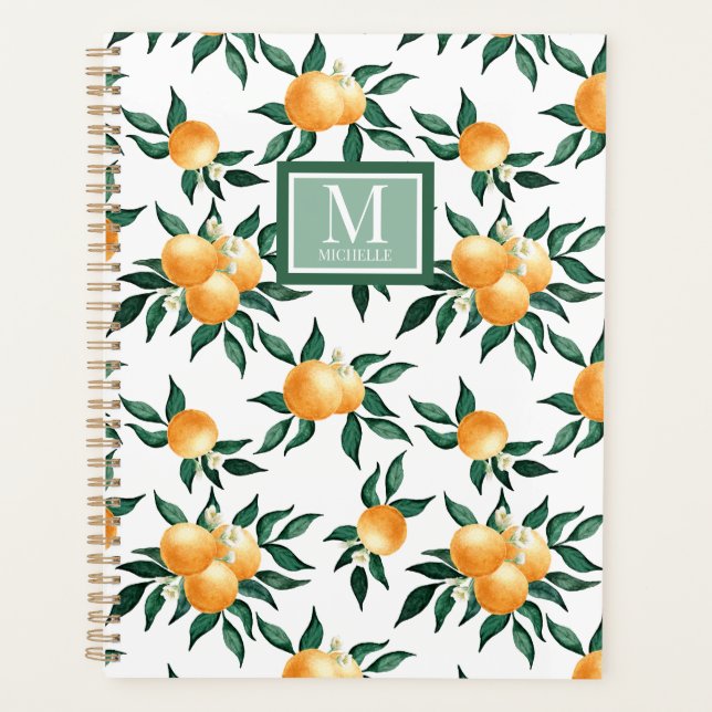 Orange Citrus Watercolor Monogram Name Planner (Front)