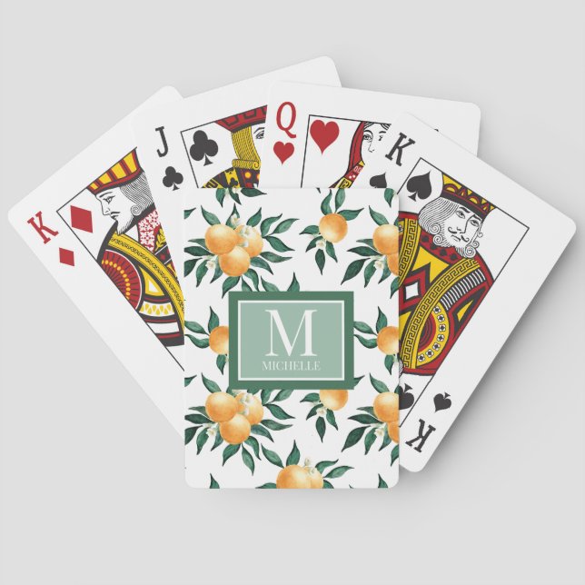 Orange Citrus Watercolor Monogram Name Poker Cards (Back)
