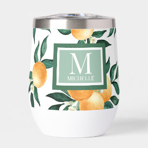 Orange Citrus Watercolor Monogram Name Thermal Wine Tumbler