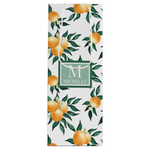 Orange Citrus Watercolor Monogram Name Wine Gift Bag