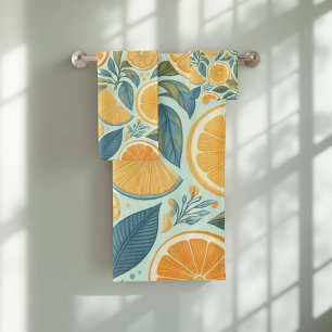 Orange Citrus Whimsical Watercolor Fruit & Floral Bath Towel Set