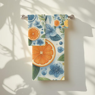 Orange Citrus Whimsical Watercolor Fruit & Floral Bath Towel Set