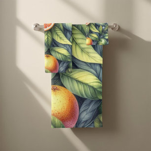 Orange Citrus Whimsical Watercolor Fruit & Floral Bath Towel Set