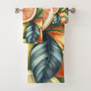Orange Citrus Whimsical Watercolor Fruit & Floral Bath Towel Set