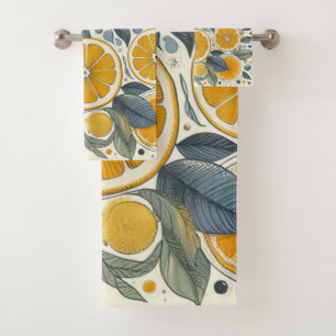 Orange Citrus Whimsical Watercolor Fruit & Floral Bath Towel Set