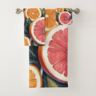 Orange Citrus Whimsical Watercolor Fruit & Floral Bath Towel Set