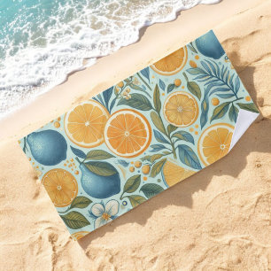 Orange Citrus Whimsical Watercolor Fruit & Floral Beach Towel