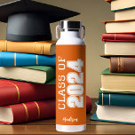 Orange Class of 2024 Personalized Graduation Water Bottle<br><div class="desc">This classic orange custom senior graduate water bottle features bold white typography reading class of 2024 in varsity letters for a high school or college graduation party keepsake gift. Customize with your name in elegant cursive script underneath for a great commemorative favor.</div>
