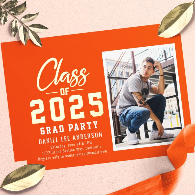 Orange Class of 2025 Photo Graduation Party Foil Invitation (Creator Uploaded)