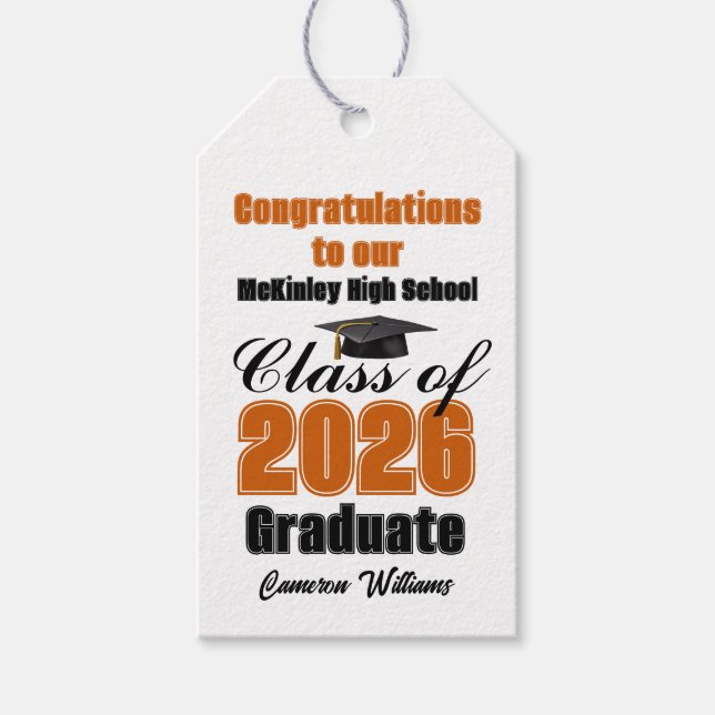 Orange Class of 2026 Graduation Party Custom Gift Tags (Front)