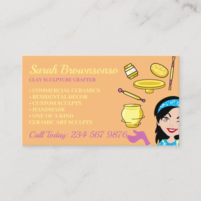Orange Clay Ceramic Pottery Lady Boss Crafter Business Card (Front)