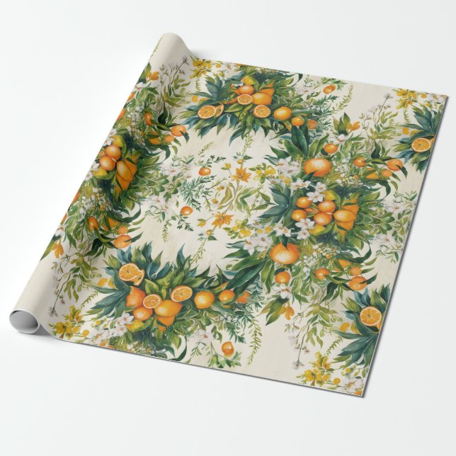 Orange Clementine wreaths floral foliage  Wrapping Paper (Unrolled)