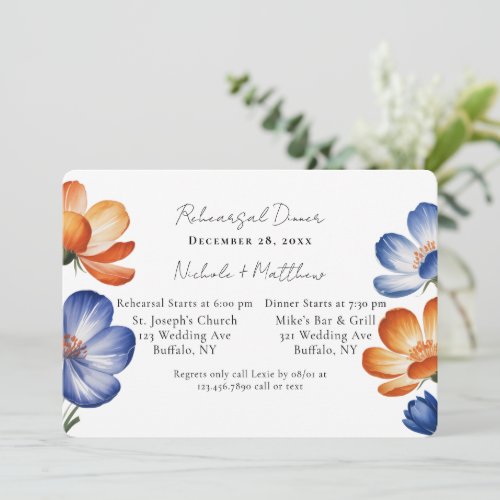 Orange & Cobalt Blue Floral Rehearsal Dinner