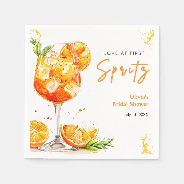 Orange Cocktail Love at First Spritz Bridal Shower Napkins (Front)