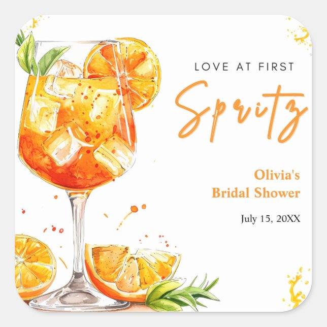 Orange Cocktail Love at First Spritz Bridal Shower Square Sticker (Front)