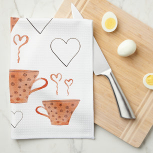 Orange Coffee Mugs In Love Watercolor Illustration Kitchen Towel