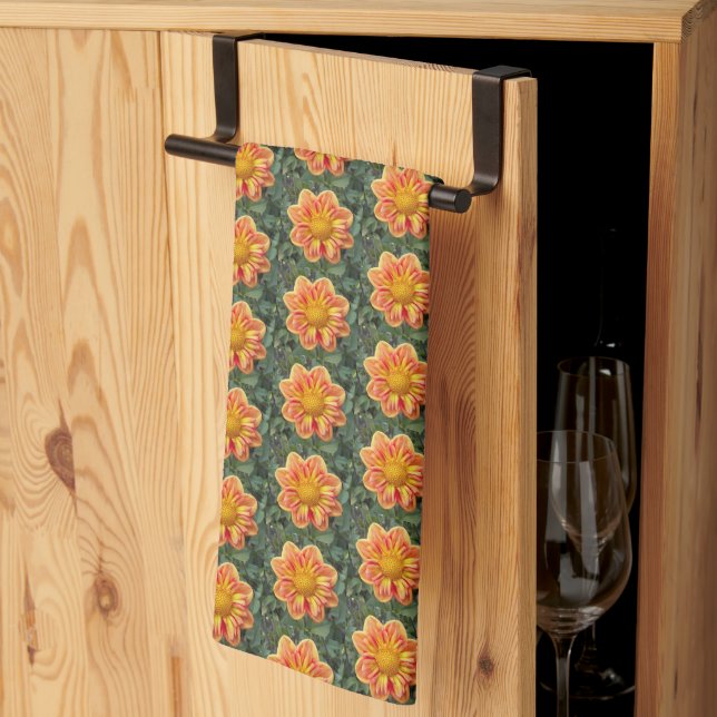Orange Collarette Dahlia Floral Pattern Kitchen Towel (Thirds Fold)