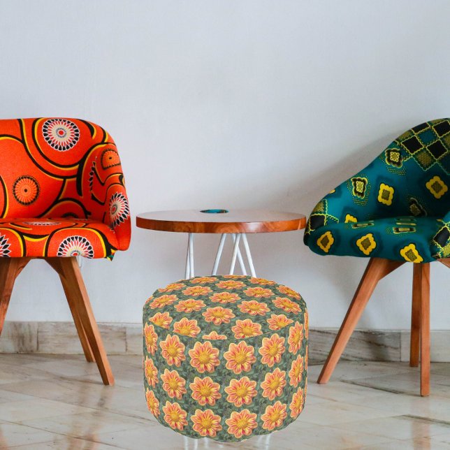 Orange Collarette Dahlia Floral Pattern Pouf (In Situ Chairs)