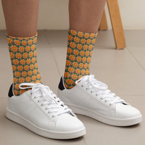 Orange Collarette Dahlia Floral Pattern Socks